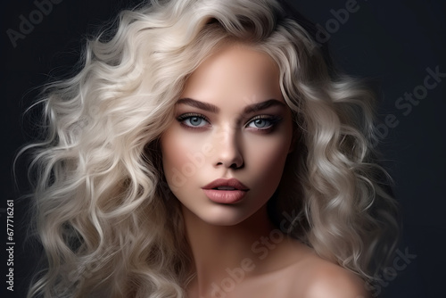 Beautiful woman with voluminous blonde hair and striking eyes. Cosmetics, beauty and hair styling