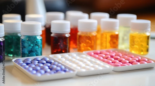 Bottles with pills, vitamins, antibiotics, painkillers. Medical laboratory, pharmacy. Healthcare and treatment