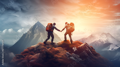 couple on the top of mountain,Mountains Tour Image,AI Generative 