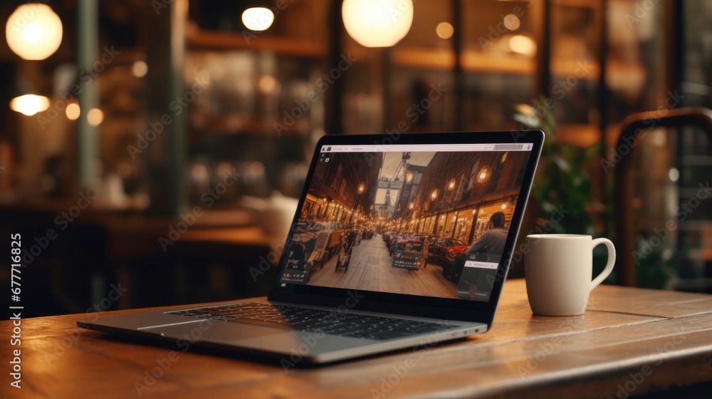 Coffee Shop Cafe Laptop Video Conference Webinar Technology Concept 4k. Coffee Shop Cafe Laptop Video Conference Webinar Technology Concept 4k.