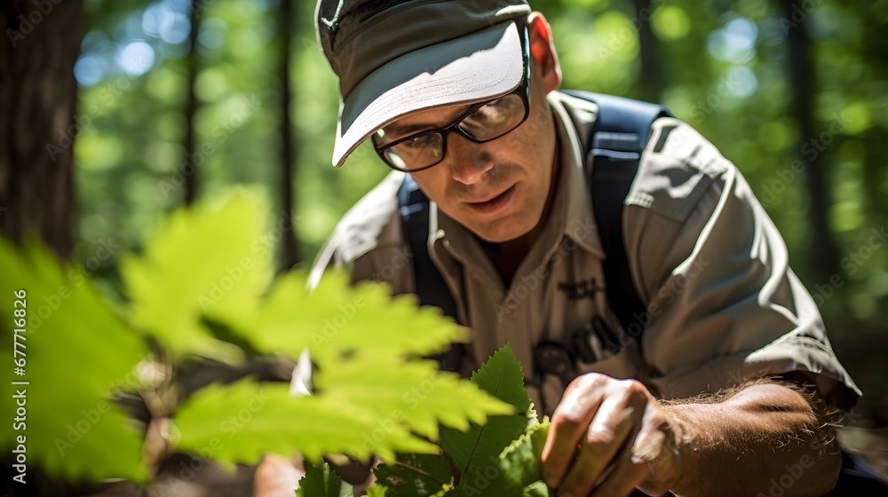 Forester examining leaves, close-up shot of a forestry professional holding and examining a leaf, capturing their attention to detail and dedication to forest health.