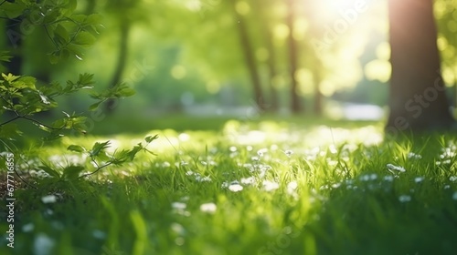 Defocused green trees in forest or park with wild grass and sun beams. Beautiful summer spring natural background.