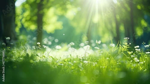 Defocused green trees in forest or park with wild grass and sun beams. Beautiful summer spring natural background. © panu101