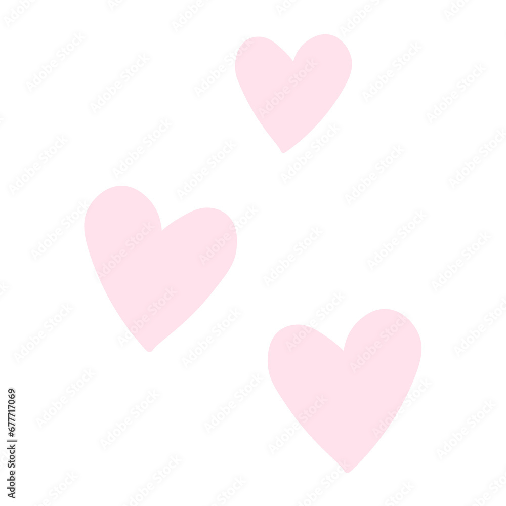 Three pink hand drawn heart isolated on transparent background. PNG