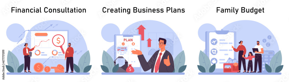 Financial planning set. Personal and family budget development, expense management. Investing money. Financial well-being. Flat vector illustration Financial planning set. Personal and family budget development, expense management. Investing money. Financial well-being. Flat vector illustration