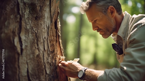 Wallpaper Mural Scientist studying tree bark, close-up shot of a forest scientist inspecting tree bark, with tools and sample collection vials emphasizing the research dimension. Torontodigital.ca