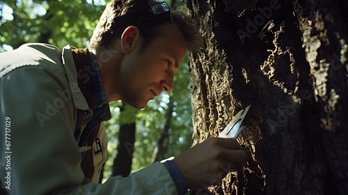 Scientist studying tree bark, close-up shot of a forest scientist inspecting tree bark, with tools and sample collection vials emphasizing the research dimension.