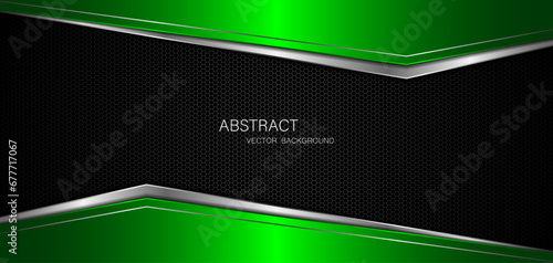 Abstract green and silver polygons on dark steel mesh background. with free space for design. modern technology innovation concept background	