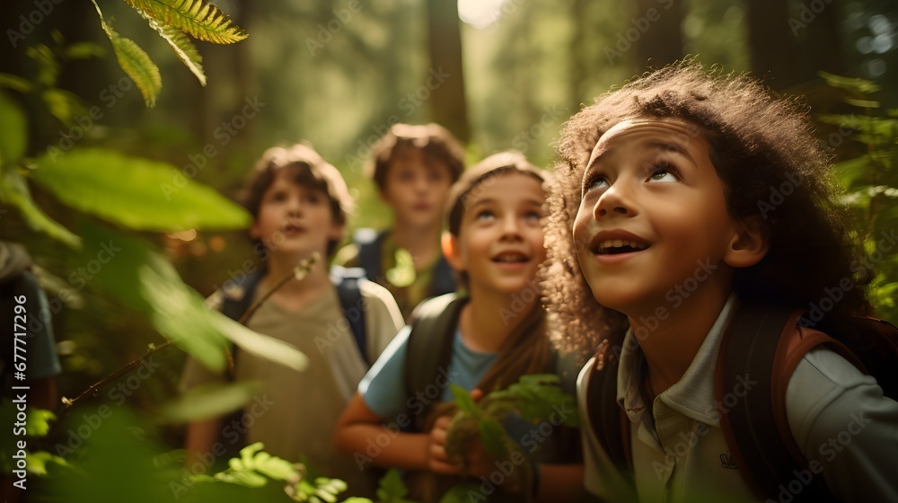 Children on a guided forest trail, wide-angle shot of young students following a forest ranger, their curious eyes absorbing the wonders of woodland life. Children on a guided forest trail, wide-angle shot of young students following a forest ranger, their curious eyes absorbing the wonders of woodland life.