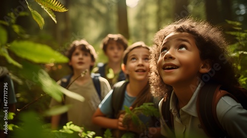 Wallpaper Mural Children on a guided forest trail, wide-angle shot of young students following a forest ranger, their curious eyes absorbing the wonders of woodland life. Torontodigital.ca
