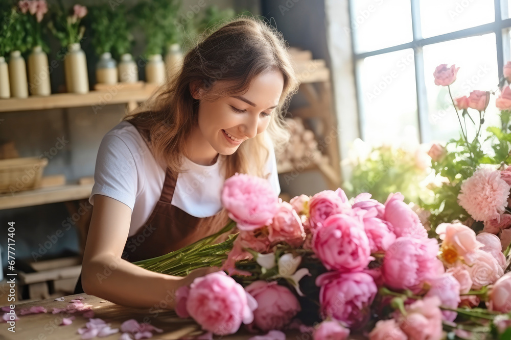 Fototapeta premium Beautiful young girl florist collects bouquet of flowers in her flower shop. Small business concept, flower delivery, holiday preparation, opening a flower workshop