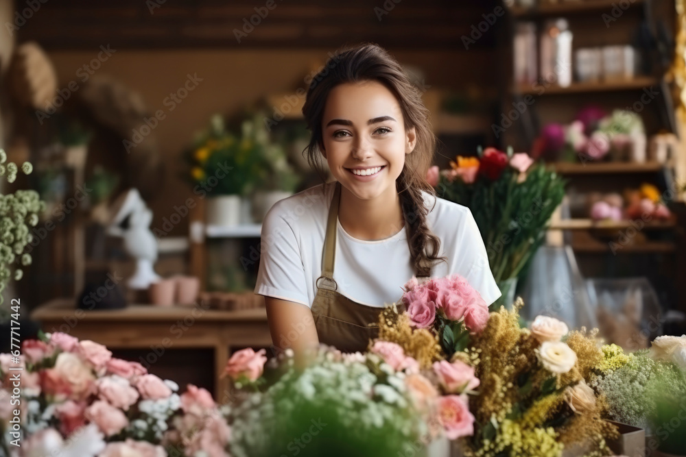 Beautiful young girl florist collects bouquet of flowers in her flower shop. Small business concept, flower delivery, holiday preparation, opening a flower workshop Beautiful young girl florist collects bouquet of flowers in her flower shop. Small business concept, flower delivery, holiday preparation, opening a flower workshop
