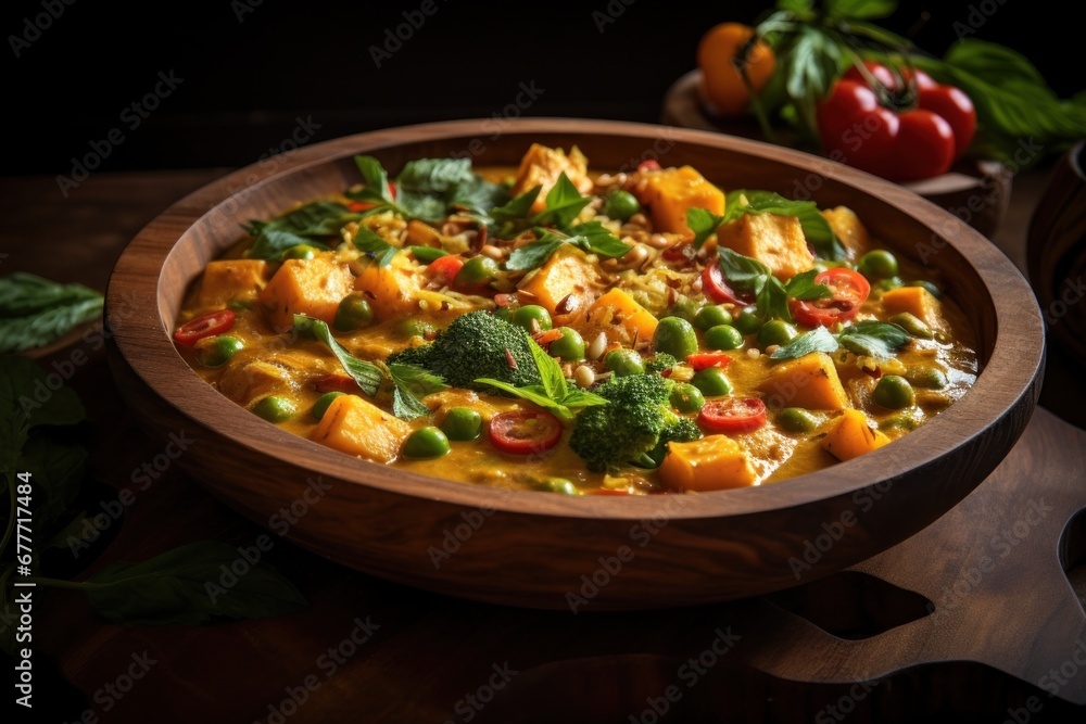 Green Feast for the Senses, vegetable curry on dark background 