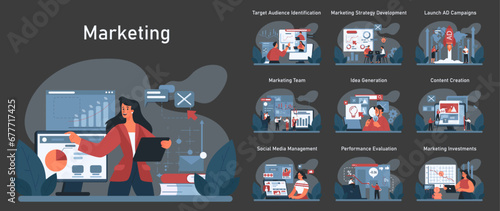 Marketing essentials set. Comprehensive stages of marketing workflow, from audience identification to investments. Diverse team, strategy planning, and execution. Flat vector illustration