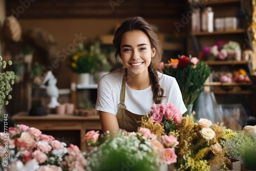 Beautiful young girl florist collects bouquet of flowers in her flower shop. Small business concept, flower delivery, holiday preparation, opening a flower workshop