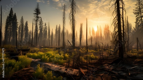 Forest fire aftermath, haunting shot of charred trees post a wildfire, juxtaposed with sprouting greens, narrating nature's cycle of destruction and rebirth.