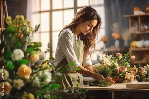 Beautiful young girl florist collects bouquet of flowers in her flower shop. Small business concept, flower delivery, holiday preparation, opening a flower workshop photo
