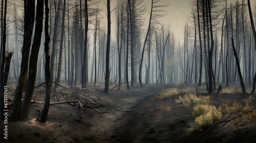 Forest fire aftermath, haunting shot of charred trees post a wildfire, juxtaposed with sprouting greens, narrating nature's cycle of destruction and rebirth. Forest fire aftermath, haunting shot of charred trees post a wildfire, juxtaposed with sprouting greens, narrating nature's cycle of destruction and rebirth.