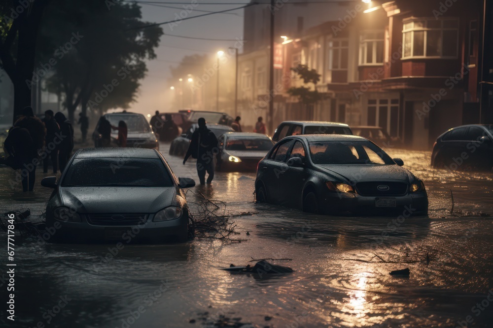 People walking along stranded cars on flooded street
