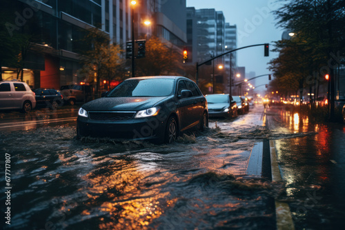 Cars stranded on flooded city street at dusk © olga_demina