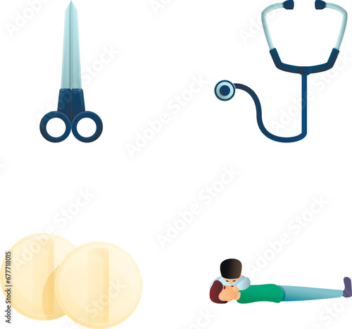 First aid icons set cartoon vector. Medical staff perform artificial respiration. Emergency medical assistance