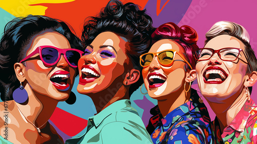 The exuberance of four women in the midst of joyous laughter. The background is a dynamic explosion. Pop Art Celebration