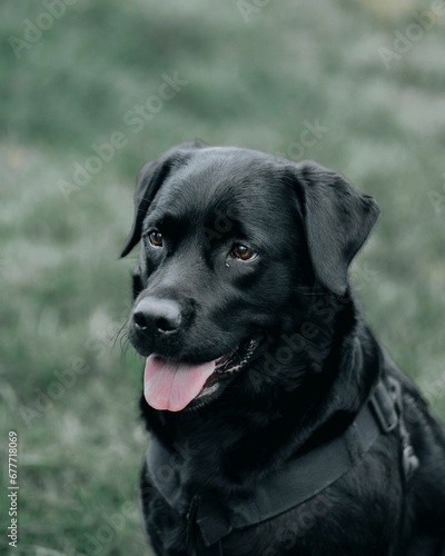 Portrait of a black labrador looking side
