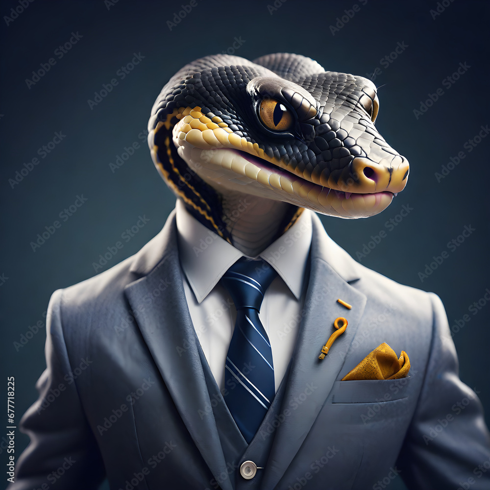 A fashion portrait of an anthropomorphic animal with an elegant modern suit and a nice tie was taken in a human form -Generative AI A fashion portrait of an anthropomorphic animal with an elegant modern suit and a nice tie was taken in a human form -Generative AI