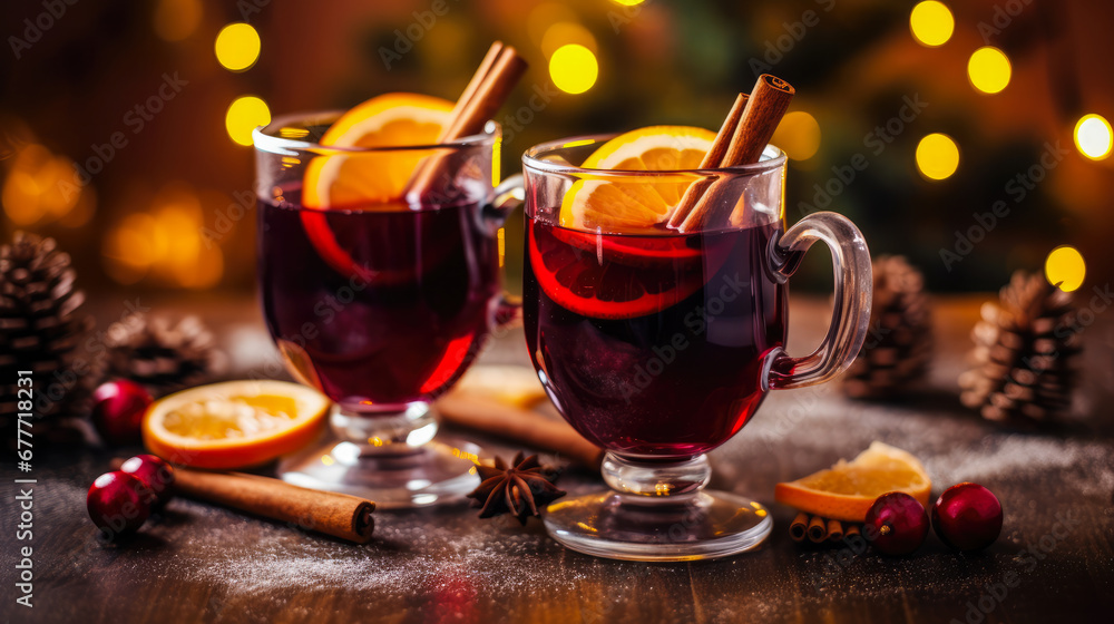 Fototapeta premium Delicious Mulled Wine, Festive Christmas Background