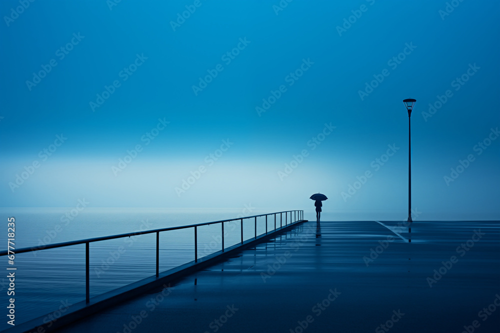 Obraz premium Pier on the sea, with the silhouette of a woman with umbrella. Blue tone, negative copy space.