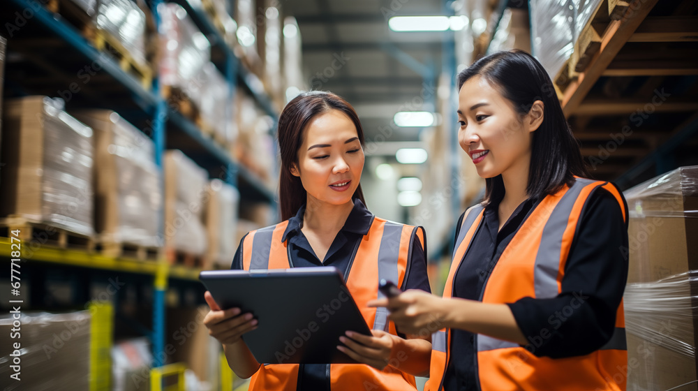 Two Asian female professionals in a warehouse setting, engaged in inventory management.