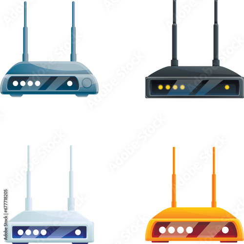 Router icons set cartoon vector. Wireless wi fi router. Electronic device