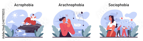 Phobia set. Human's irrational inner fears and panic. Mental disorder, feeling of threat and danger. Psychology and mental therapy. Flat vector illustration