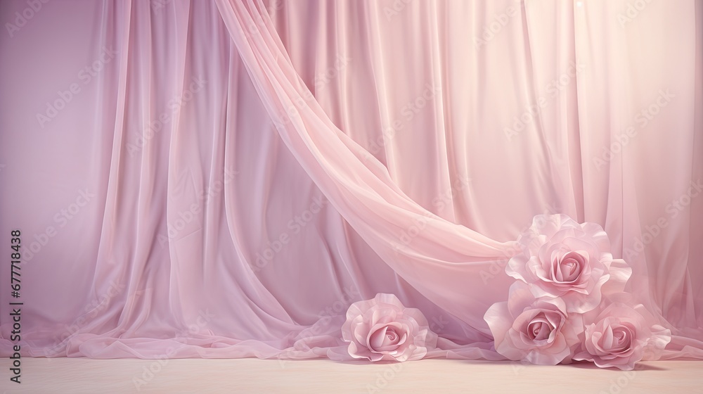  a pink curtain with pink flowers on the bottom and a pink curtain in the middle of the room with pink curtains on the bottom and pink curtains on the sides.  generative ai