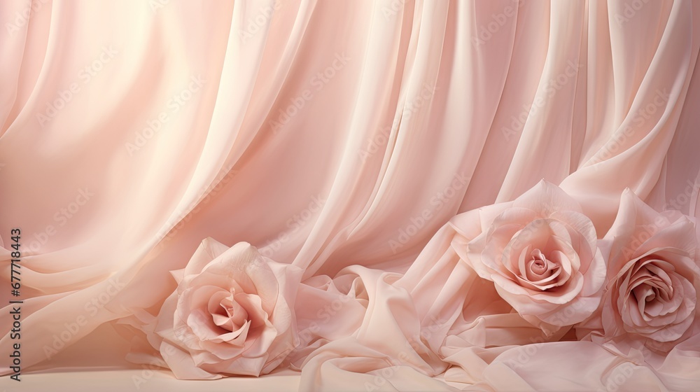  a group of pink roses sitting on top of a bed next to a white drapes covered with a pink curtain and a light pink rose on the side of the bed.  generative ai