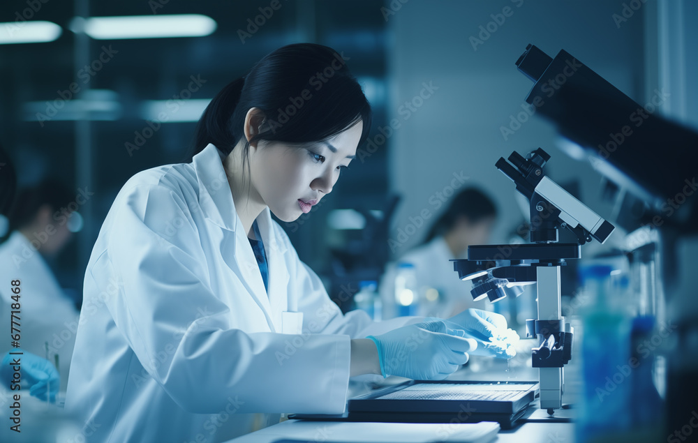 Dedicated Researcher in Modern Laboratory The cool blue tones and crisp lighting highlight the cutting edge nature Dedicated Researcher in Modern Laboratory The cool blue tones and crisp lighting highlight the cutting edge nature