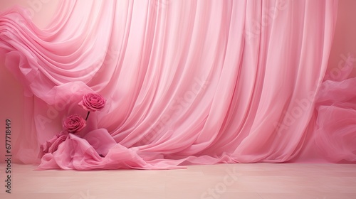  a pink room with a pink curtain and a pink rose bouquet in the center of the room and a pink curtain in the back of the room with a pink background.  generative ai #677718449