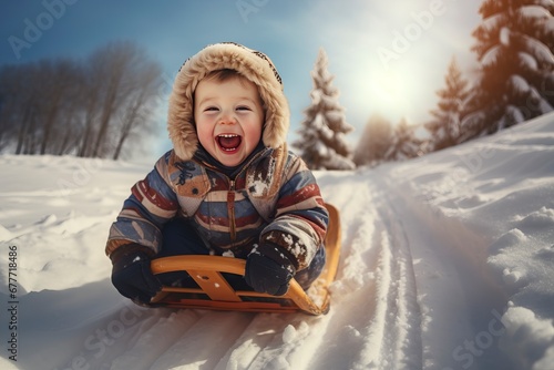 A  little child joyfully sleds down the snowy hill, savoring the winter play's delight and the moments of childlike happiness. generation ai © ballabeyla