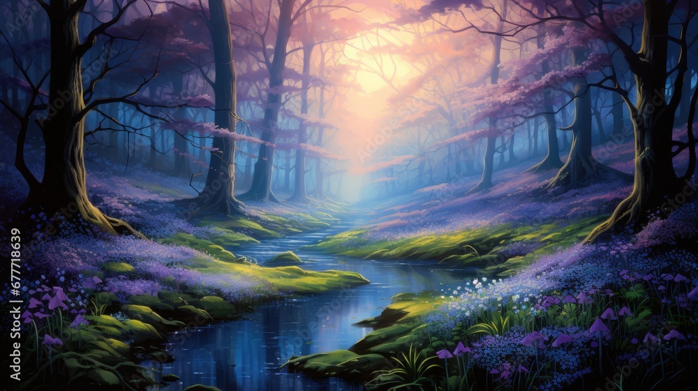  a painting of a stream running through a forest with purple flowers on the ground and trees on the other side of the stream, with the sun shining through the trees.  generative ai