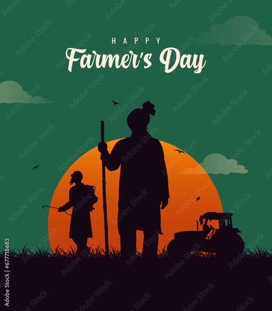 Happy Farmers Day Text with an Indian farmer farming silhouette vector ...