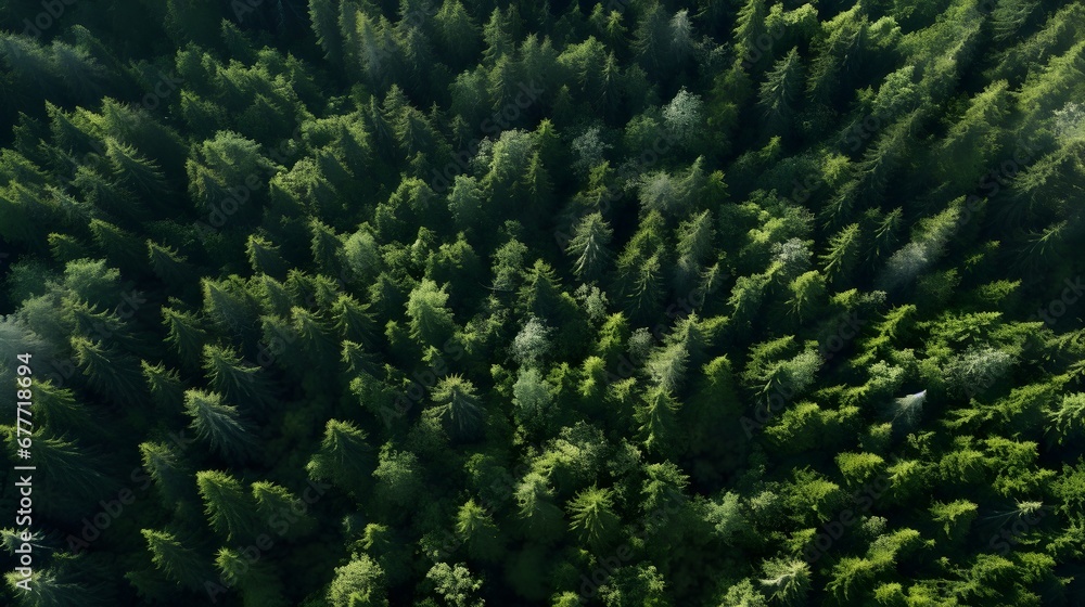 Forest tapestry from above, aerial shot of a dense forest, showcasing its vastness and the intricate patterns of trees, pathways, and clearings.