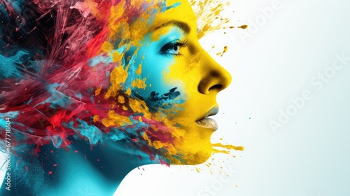  a woman's face with colorful paint splattered on her face and her hair in the shape of a multicolored woman's head, on a white background.  generative ai photo