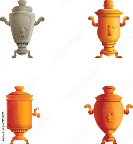 Samovar icons set cartoon vector. Hot drink production equipment. Traditional russian samovar