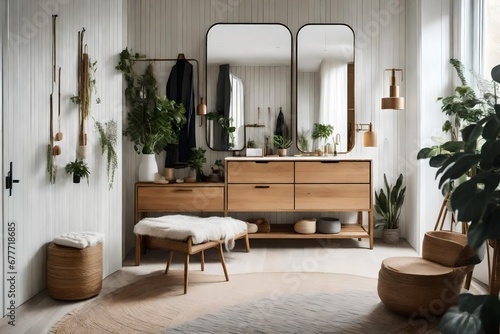a Scandinavian-style dressing area with a focus on eco-friendly and sustainable furniture