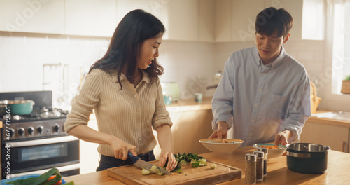 Portrait of a South Korean Young Couple Cooking at Home. Loving Boyfriend and Girlfriend Preparing Dinner in the Kitchen, Having a Funny Conversation While Cooking Delicious Food
