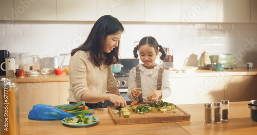 Portrait of Korean Woman and Daughter in the Kitchen Cooking Together. Mother Teaching her Little Girl How to Cut Vegetables. Female Child Helping her Mother with Preparing Lunch. Happy Childhood