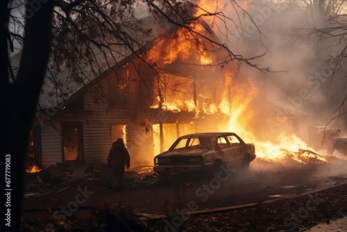 Unrecognizable fireman standing near burning home and car during forest fires