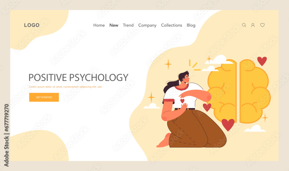 Fototapeta premium Positive psychology web banner or landing page. Positive thinking and attitude. Optimistic mindset, self acceptance and well-being. Young woman working on her mental health. Flat vector illustration