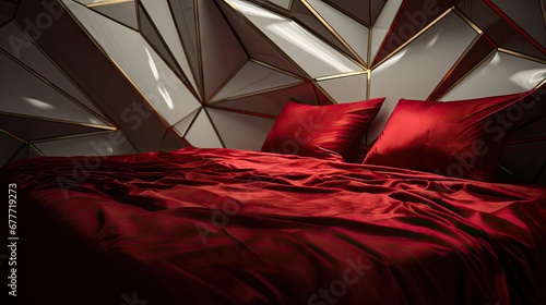  a bed with a red comforter and two red pillows and a red comforter on top of a bed with a red comforter and two red pillows on top of it. generative ai