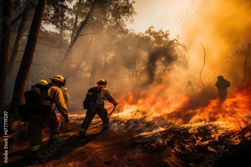 Unrecognizable firemen standing with hose and stopping burning flames in forest